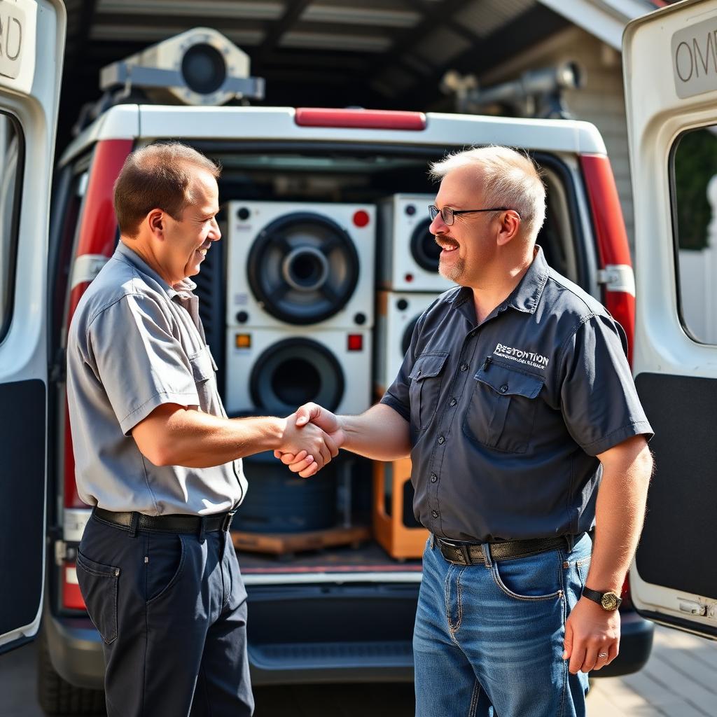 Restoration contractor shaking hands with homeowner in front of equipment van