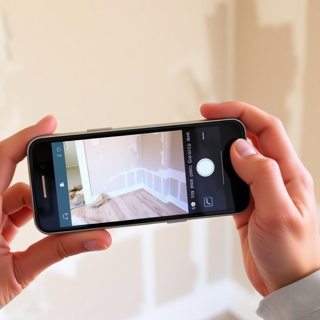 Homeowner photographing damaged wall with a smartphone