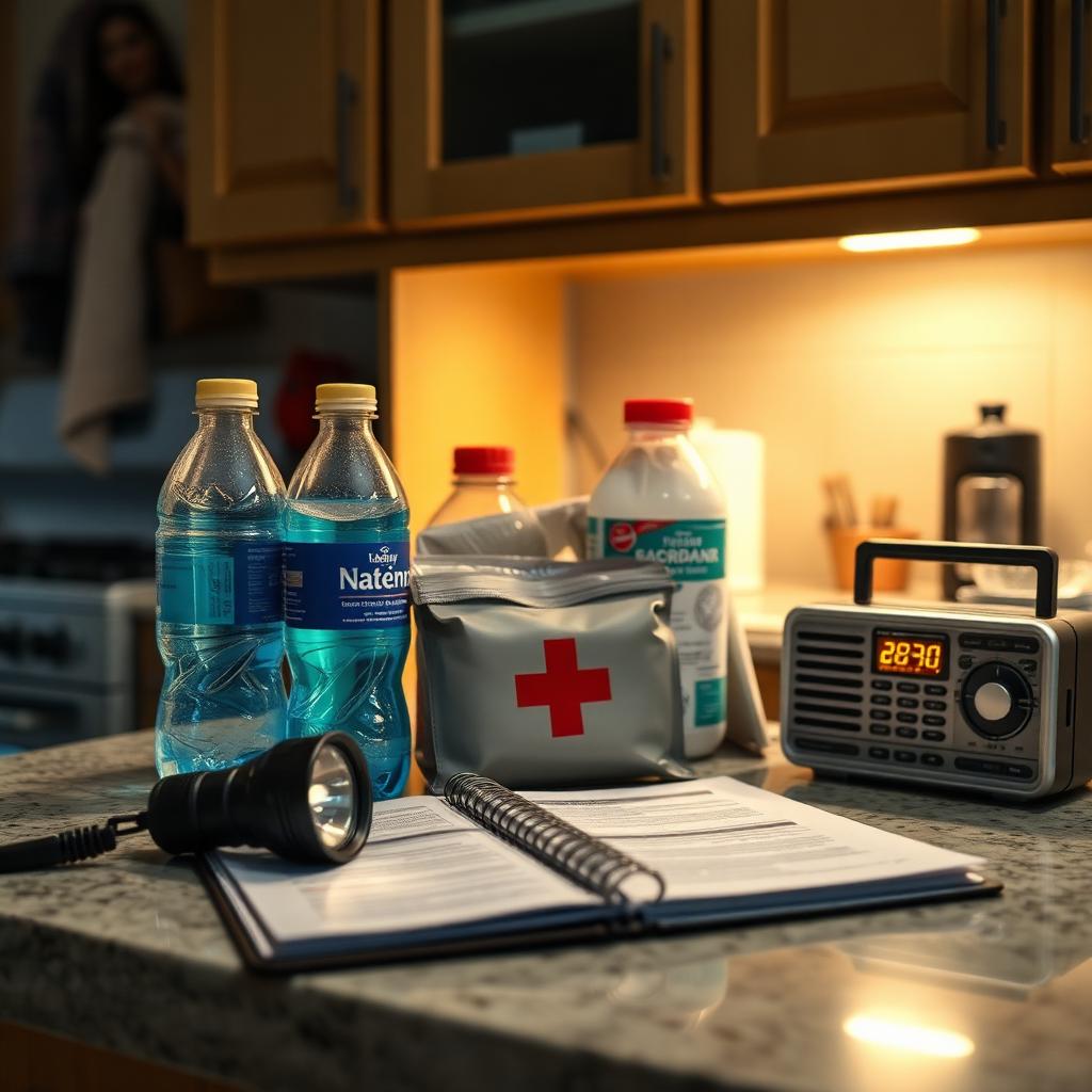 Emergency kit on kitchen counter with water, first aid, flashlight, and radio
