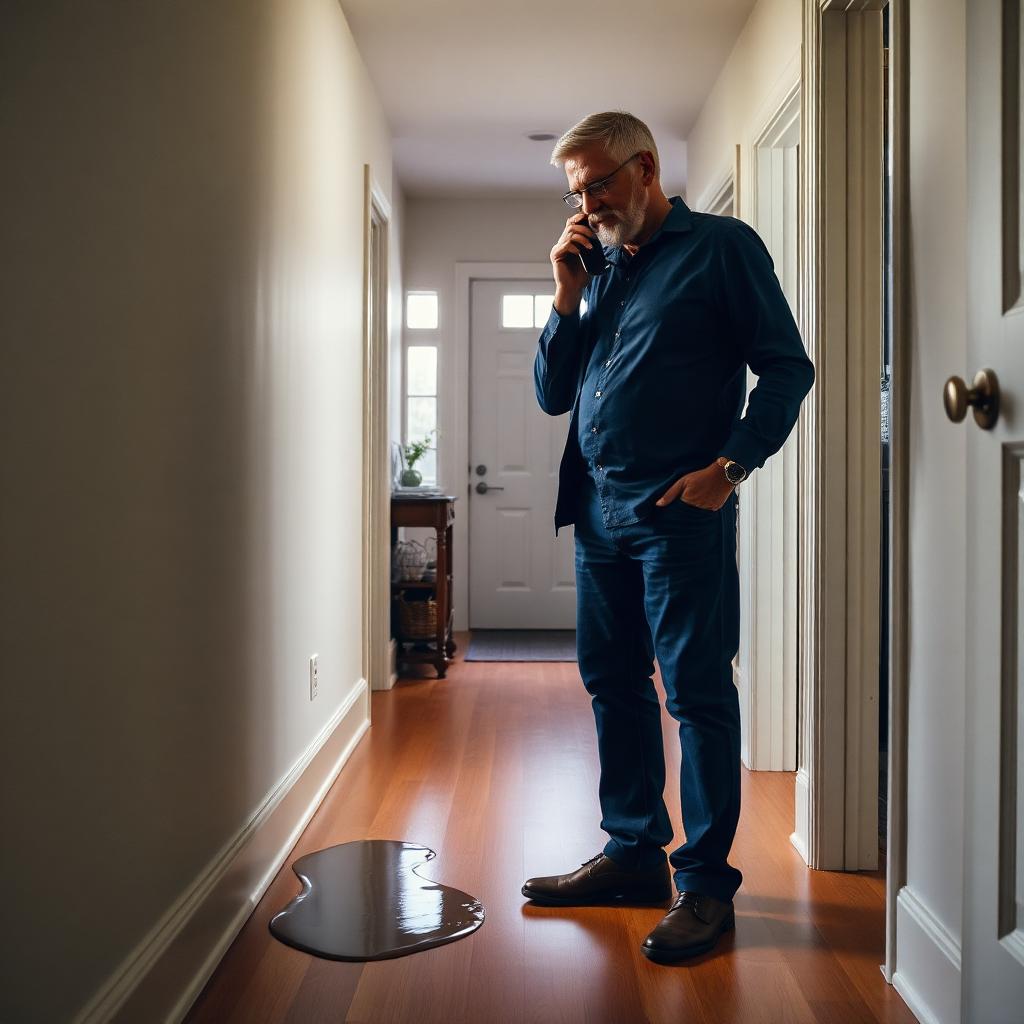 Homeowner calling for emergency help after finding water on the floor