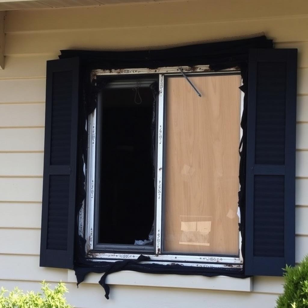 Boarded-up window on a home showing exterior fire damage