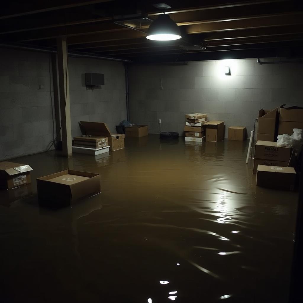 Flooded basement with several inches of water and floating boxes
