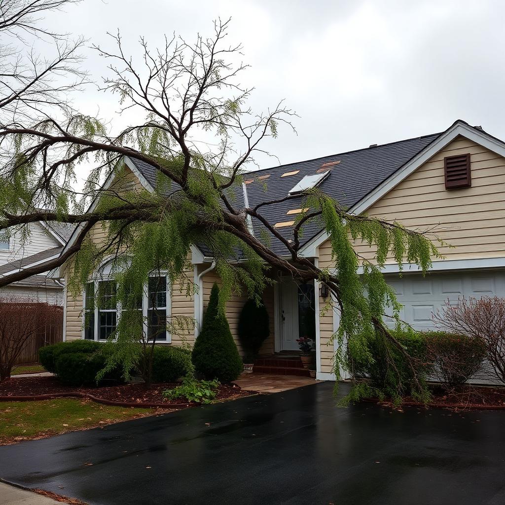 Suburban home with a fallen tree branch on the roof after a storm