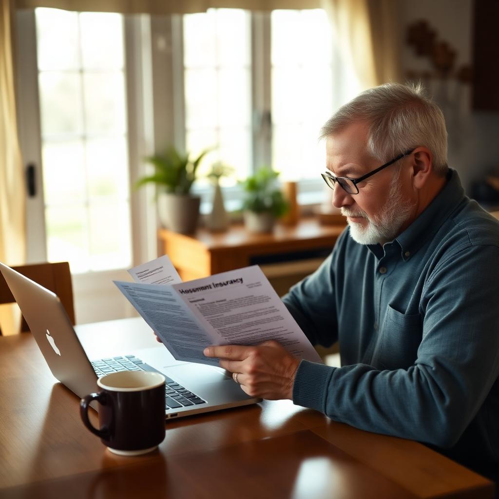 Homeowner reading an insurance policy document at a kitchen table