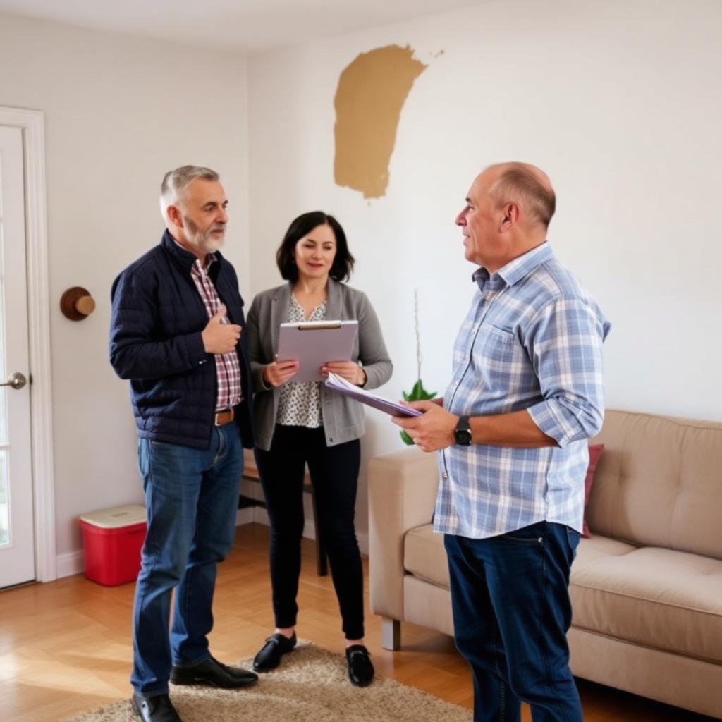Insurance adjuster and homeowner reviewing water damage on a living room wall